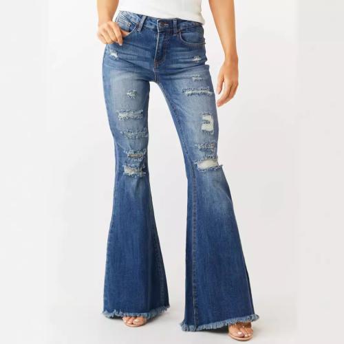 Cotton Ripped & bell-bottom Women Jeans deep blue PC
