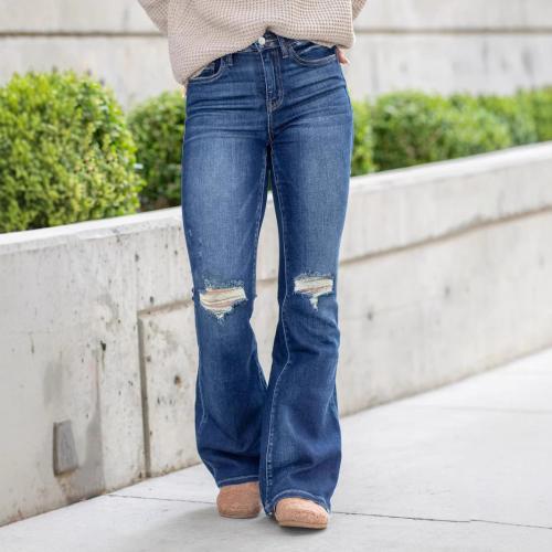 Polyester Ripped & Middle Waist Women Jeans Navy Blue PC