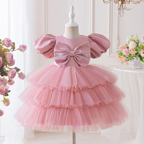 Polyester Princess Girl One-piece Dress with bowknot pink PC