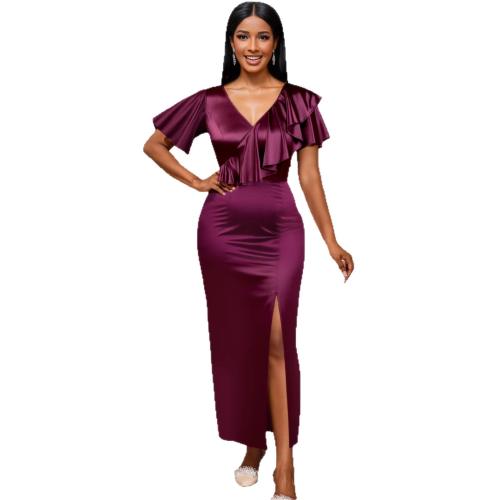 Polyester scallop & Slim Sexy Sheath Dress wine red PC