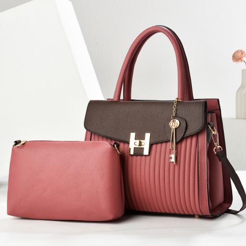 PU Leather Bag Suit contrast color & attached with hanging strap & two piece Set