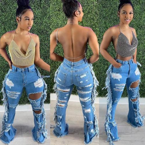 Cotton Ripped & Middle Waist Women Jeans blue PC