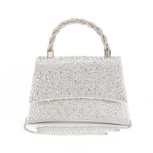 Polyester Clutch Bag with chain & durable & with rhinestone Solid silver PC