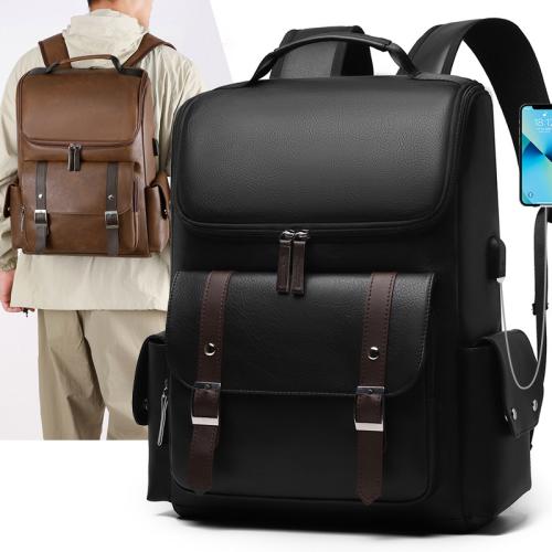 PU Leather Backpack hardwearing & with USB interface & waterproof PC