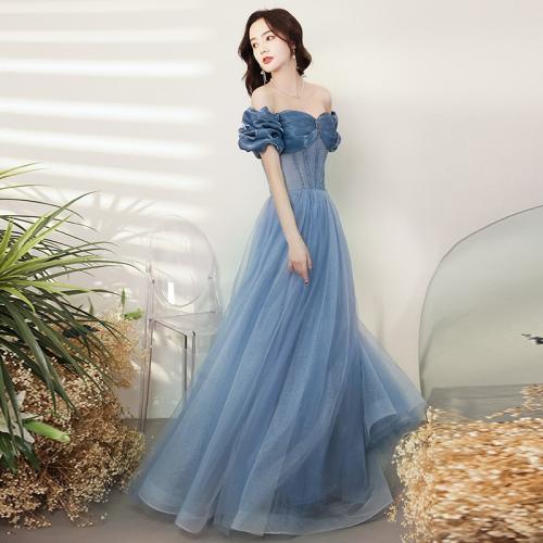 Polyester Off Shoulder Long Evening Dress large hem design patchwork Solid PC