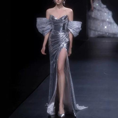 Polyester Long Evening Dress side slit & tube patchwork Solid silver PC