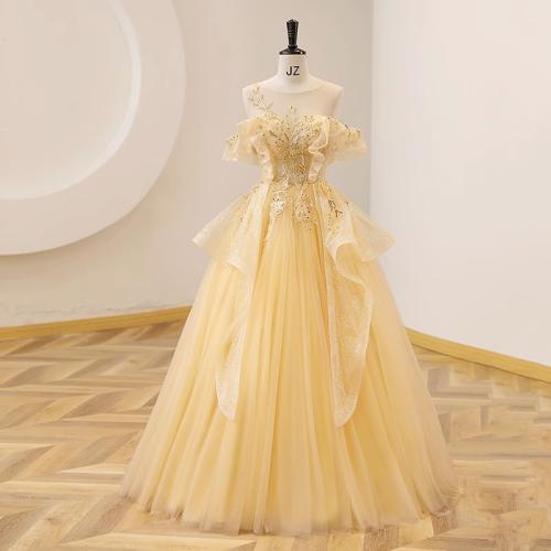 Polyester Slim Long Evening Dress large hem design Sequin patchwork yellow PC