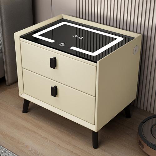Toughened Glass & Microfiber Leather & Solid Wood Wireless Charger & LED glow Bedside Cabinet with 2 USB interface Metal PC