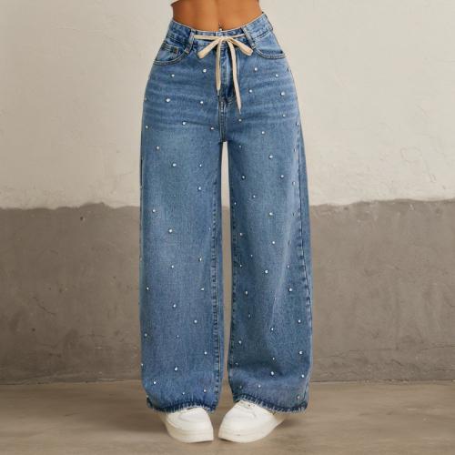Polyester Wide Leg Trousers & High Waist Women Long Trousers slimming iron-on blue PC