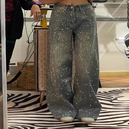 Cotton Straight & High Waist Women Long Trousers slimming blue PC