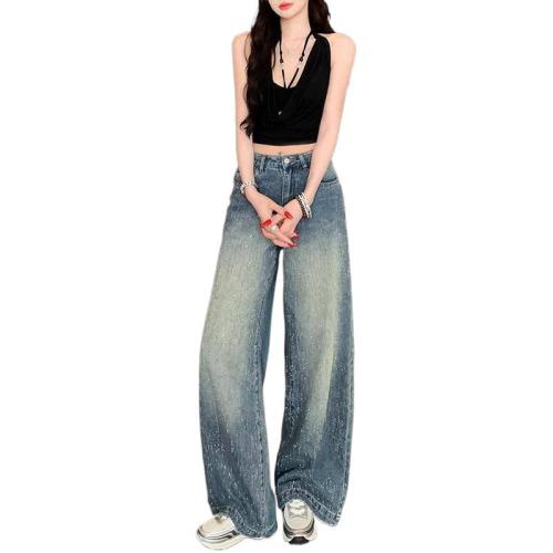 Cotton Wide Leg Trousers & High Waist Women Long Trousers slimming blue PC
