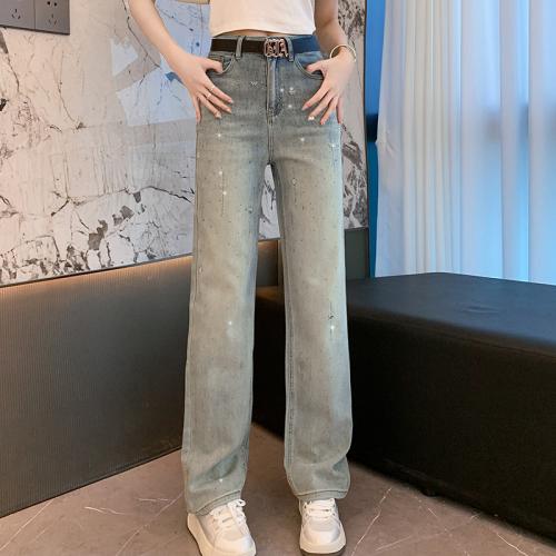 Cotton Straight & Middle Waist Women Long Trousers slimming & without belt blue PC