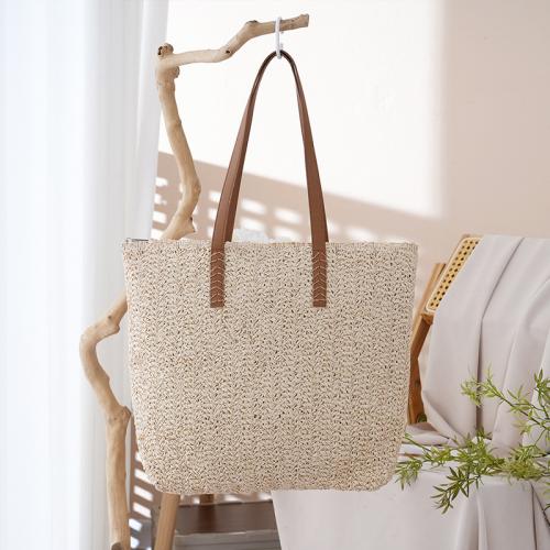 わら & ポリエステル 織られたショルダーバッグ PUレザー ベージュ 一つ