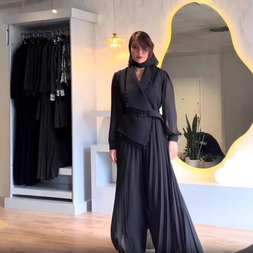 Polyester Zweiteiliges Kleid Set, Solide, Schwarz,  Festgelegt