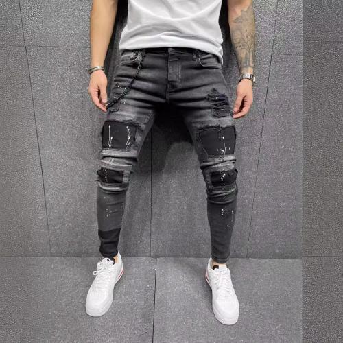 Cotton Denim Middle Waist Men Casual Pants pencil pant Solid black PC