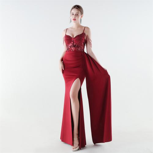 Spandex & Polyester Waist-controlled Long Evening Dress side slit & padded PC