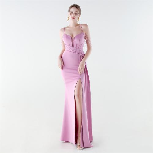 Polyester Long Evening Dress side slit & backless & padded PC