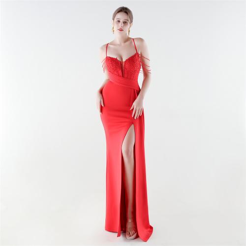 Polyester Long Evening Dress side slit & backless & padded iron-on floral PC