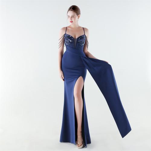 Satin & Polyester Mermaid Long Evening Dress deep V & side slit & backless & padded iron-on PC