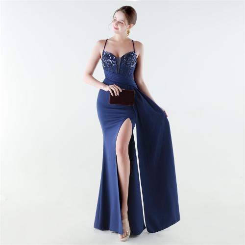 Satin & Polyester Long Evening Dress side slit & backless & padded PC