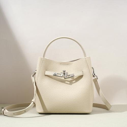Full Grain Cowhide Leather & Cowhide hard-surface & Bucket Bag Handbag attached with hanging strap Polyester Cotton Lichee Grain PC