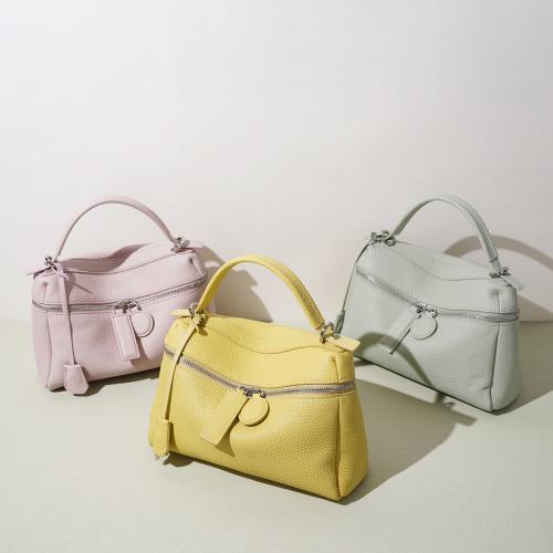 Full Grain Cowhide Leather Handbag soft surface & attached with hanging strap Polyester Cotton Lichee Grain PC