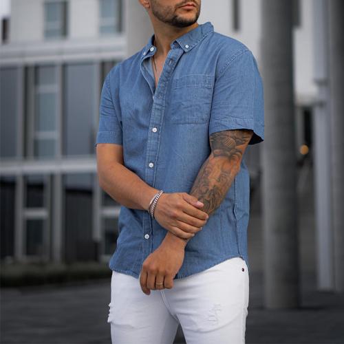 Polyester Men Short Sleeve Casual Shirt & loose blue PC