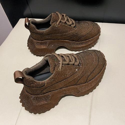 Mesh Fabric & Rubber & PU Leather Flange Women Sport Shoes & with rhinestone Pair