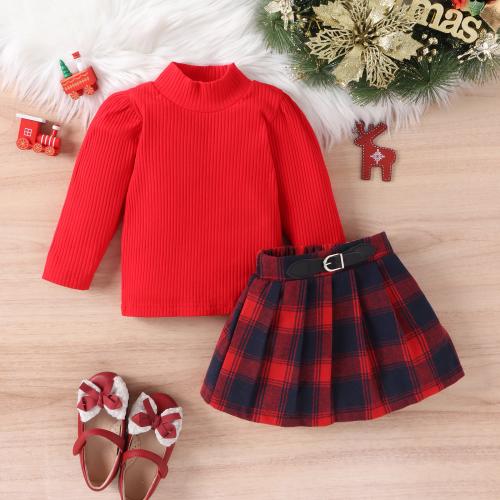 Coton Ensemble de vêtements de fille Jupe & Retour au début Patchwork Plaid Rouge Ensemble