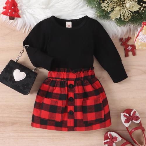 Coton Ensemble de vêtements de fille Jupe & Retour au début Patchwork Plaid deux couleurs différentes Ensemble