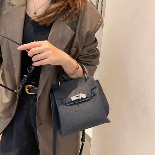 Full Grain Cowhide Leather Handbag soft surface & attached with hanging strap Polyester Cotton Lichee Grain PC