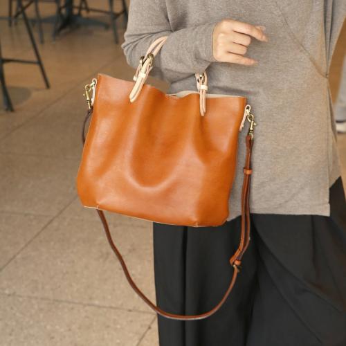 Full Grain Cowhide Leather Tote Bag Handbag attached with hanging strap Solid PC