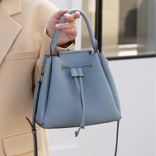 Full Grain Cowhide Leather Bucket Bag Handbag soft surface & attached with hanging strap Polyester Cotton Lichee Grain PC