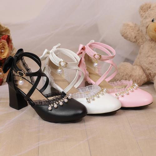 Plush & PU Leather & Plastic Pearl chunky High-Heeled Shoes & hollow Solid Pair