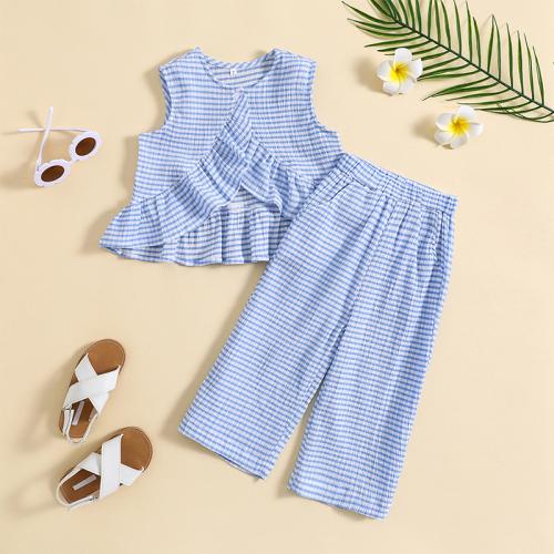 Coton Ensemble de vêtements de fille Pantalon & Retour au début Patchwork Rayé Bleu Ensemble