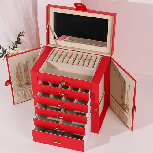 PU Leather Multilayer & hard-surface & with mirror & Multifunction Jewelry Storage Case large capacity Solid PC
