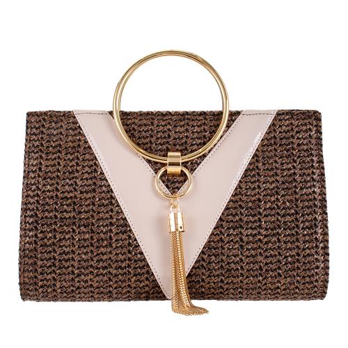 Straw & PU Leather & Zinc Alloy Tassels Woven Tote with chain & circular ring coffee PC