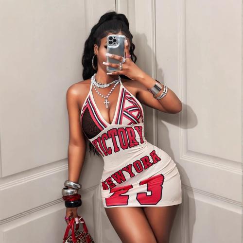 Polyester Slip Dress backless & above knee printed letter PC