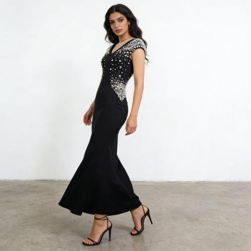 Polyester High Waist Long Evening Dress deep V & with beading PC