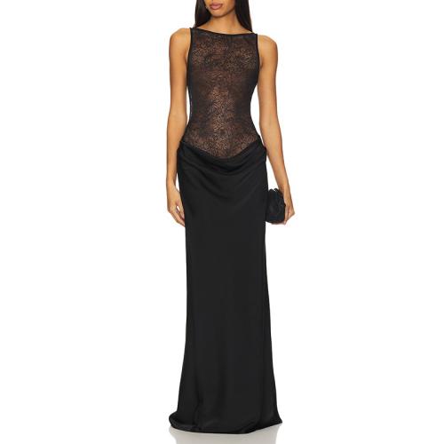 Polyester High Waist Long Evening Dress off shoulder Polyester patchwork PC