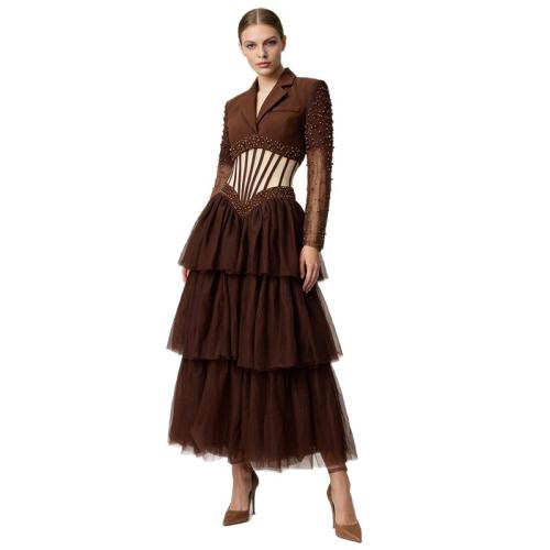 Polyester A-line & High Waist One-piece Dress deep V PC