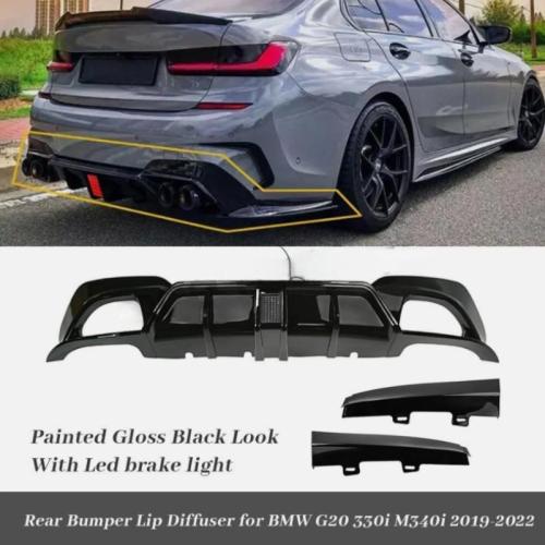 For BMW 3 Series G20 330i M340i GLOSS BLACK Rear Bumper Spoiler Diffuser Light