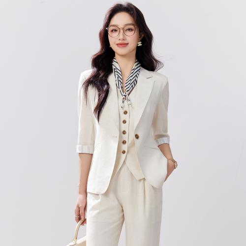 Viscose & Linen & Polyester Women Business Pant Suit & three piece vest & Pants & coat Solid Set