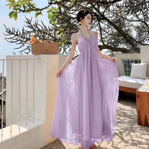 Spandex & Polyester long style & A-line Slip Dress backless patchwork Solid PC