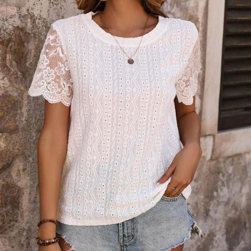 Spandex & Polyester Women Short Sleeve T-Shirts & hollow Lace white PC