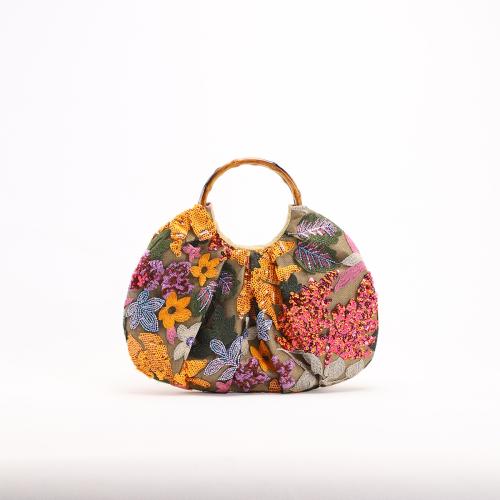 PVC & Linen Handbag soft surface & embroidered Polyester flower shape PC