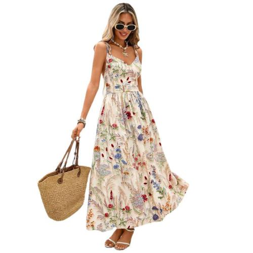 Polyester long style Slip Dress large hem design printed floral Apricot PC