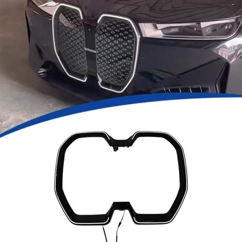 For 2022-2025 BMW iX Gloss Black Front Bumper Grille Outer Frame with LED Lights