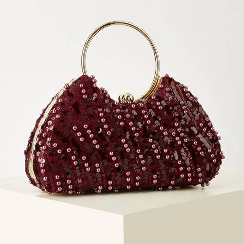 Polyester cross body & Handbag Clutch Bag with sequin wine red PC