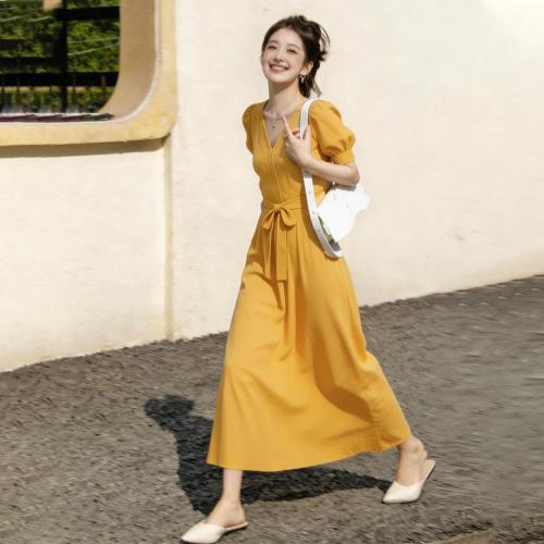 Poliéster Vestido de una pieza, Sólido, amarillo, trozo